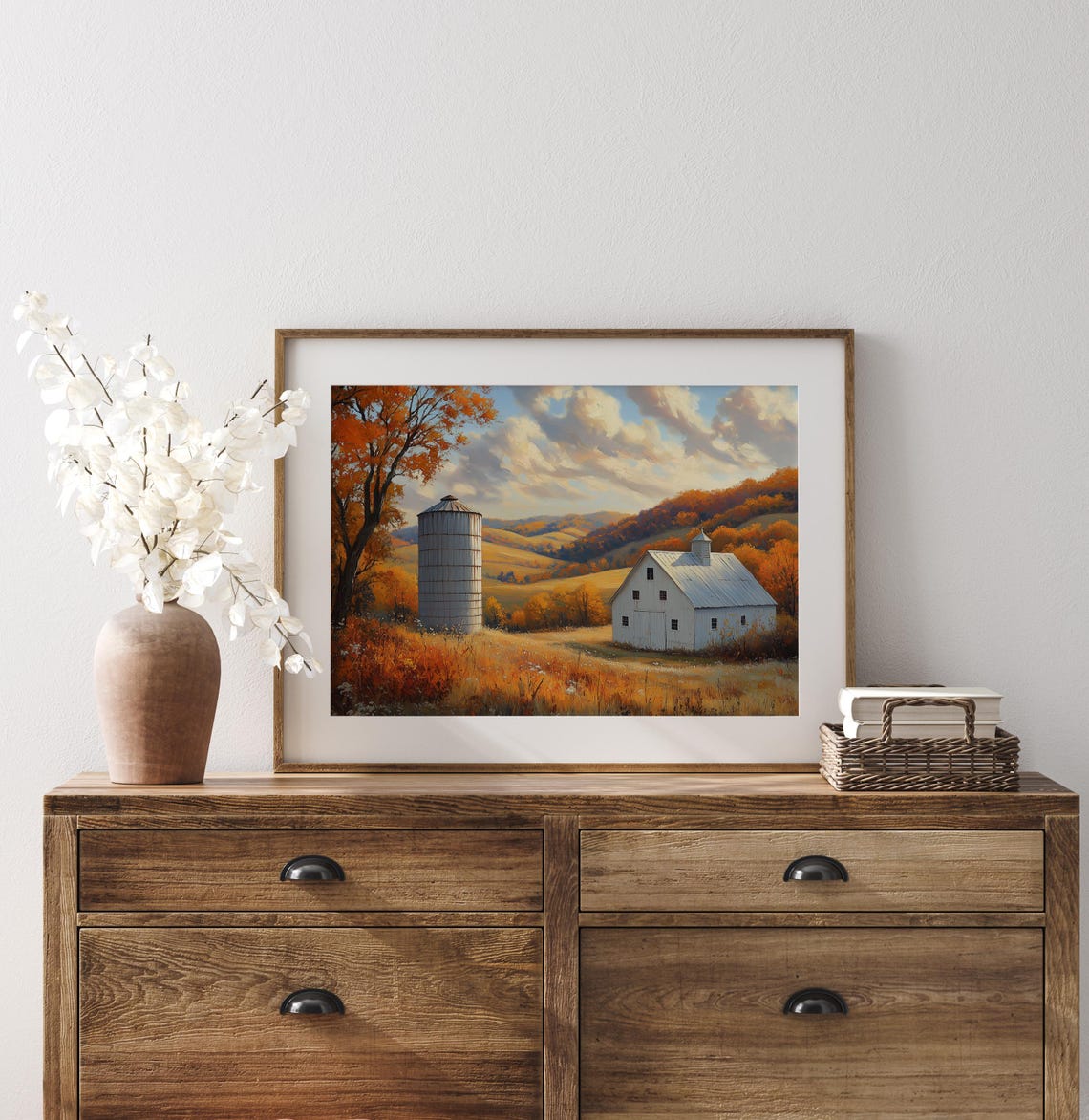 White Barn Silo Autumn Rolling Hills Fall Farmhouse Landscape Wall Art - Image 3