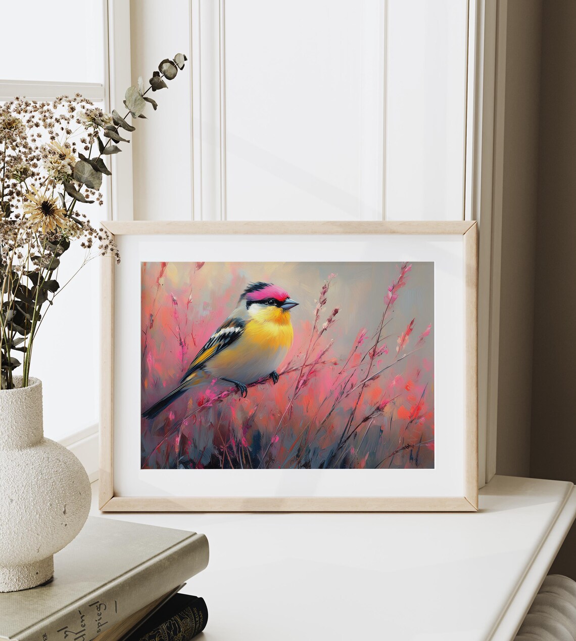 Colorful Songbird Resting Among Tall Grasses In Warm Pastel Light Poster - Image 6