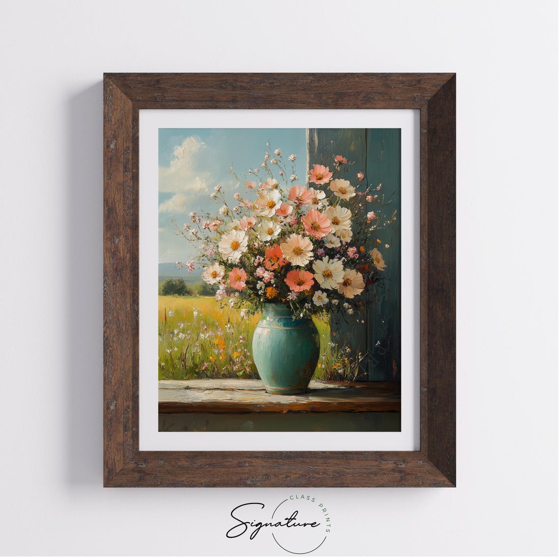 Turquoise Vase With Spring Cosmos Flowers Rustic Oil Painting Wall Art - Image 3