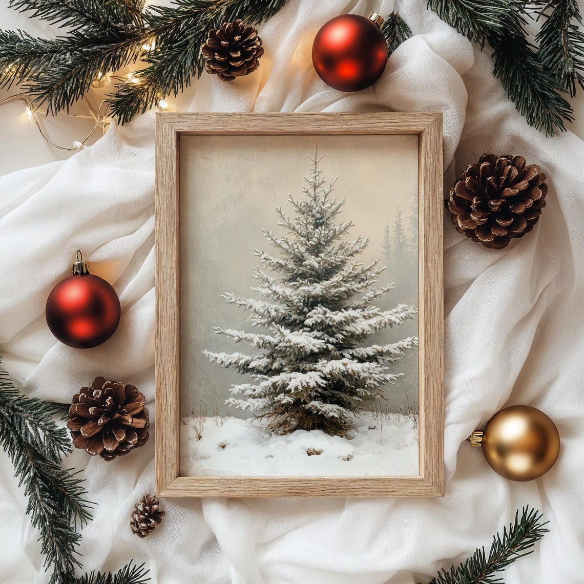 Lone Snowy Spruce Tree In A Quiet Winter Field Painting Poster - Image 4