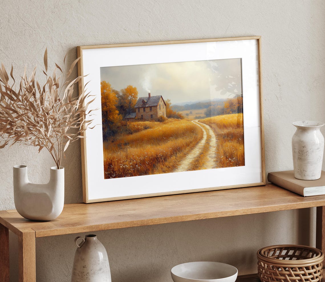 Old Stone Farmhouse Golden Wheat Field Winding Country Path Print - Image 4