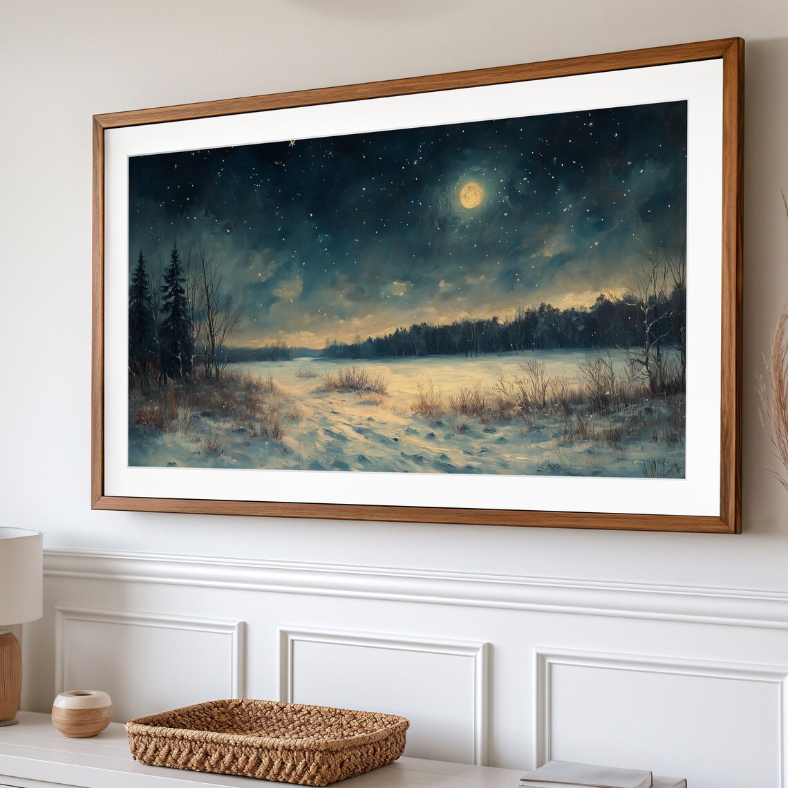Moonlit Winter Meadow Full Moon Stars Snowy Field Night Landscape Poster - Image 2