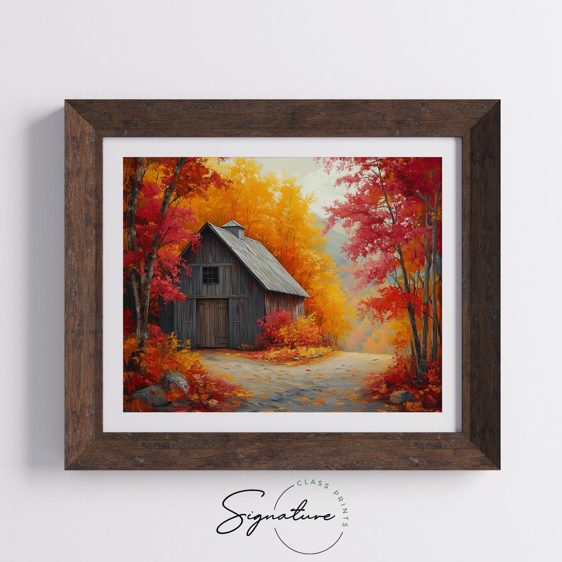 Gray Wooden Barn Hidden Among Crimson and Gold Autumn Maples Wall Art - Image 5