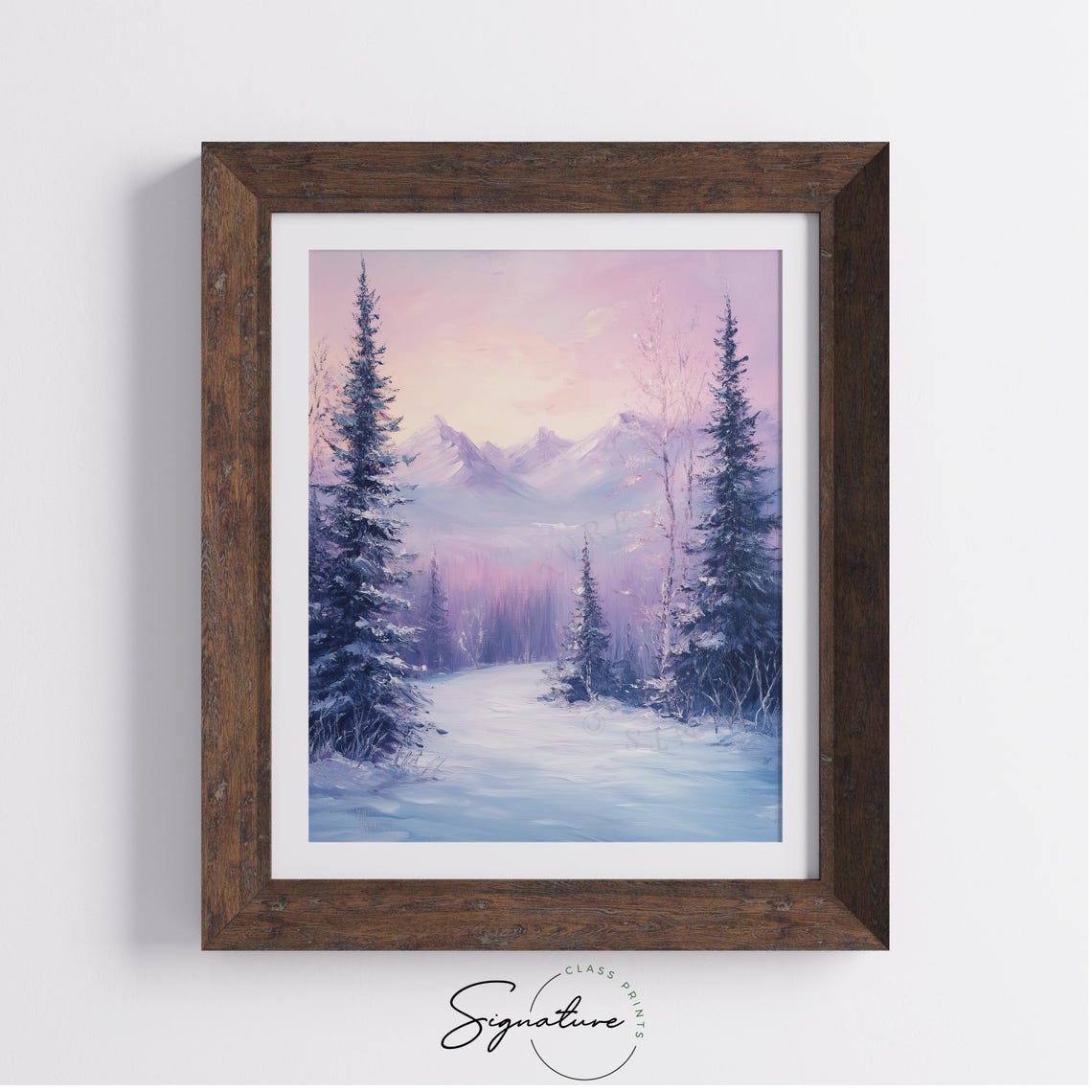 Pastel Pink Sunset Glow Snowy Pine Trail Mountains Oil Painting Poster - Image 2