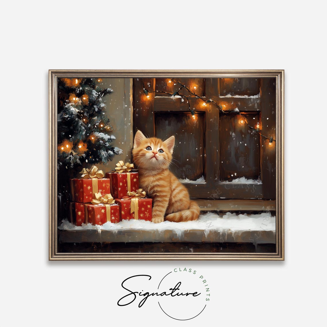 Ginger Kitten with Red Christmas Gifts on Snowy Windowsill Poster - Image 4