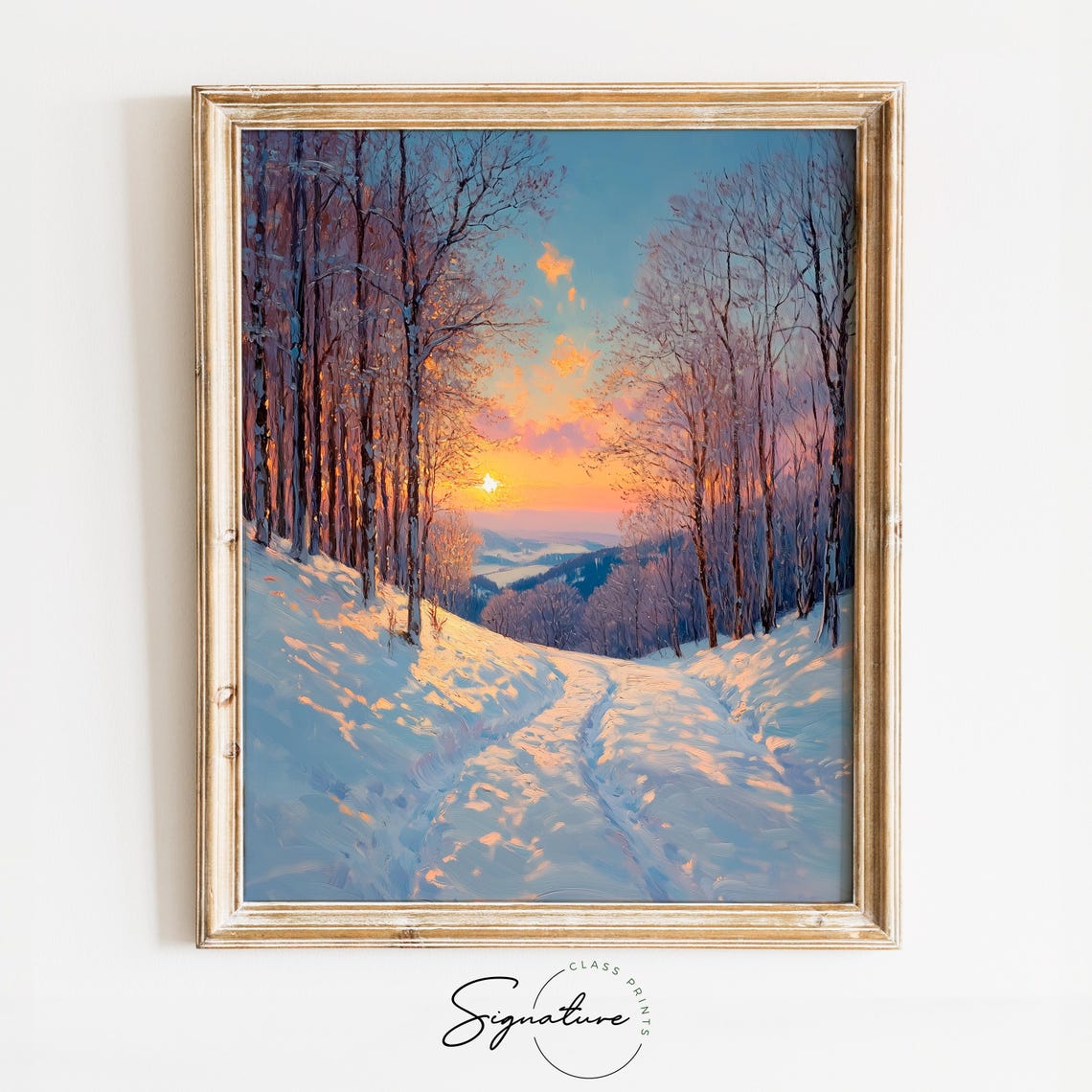 Snow Covered Path At Glowing Sunset Winter Forest Landscape Poster