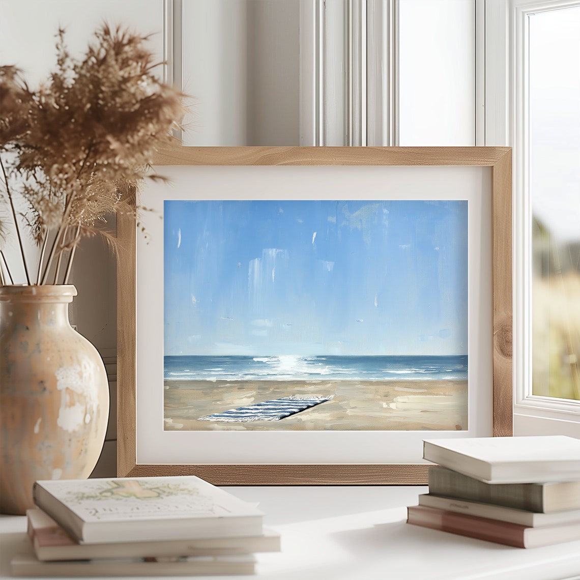 Empty Beach With Striped Towel Ocean Waves Minimalist Poster - Image 2
