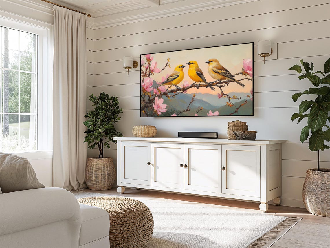 Goldfinches On Cherry Blossom Branch Glowing Mountain Sunset Poster - Image 3