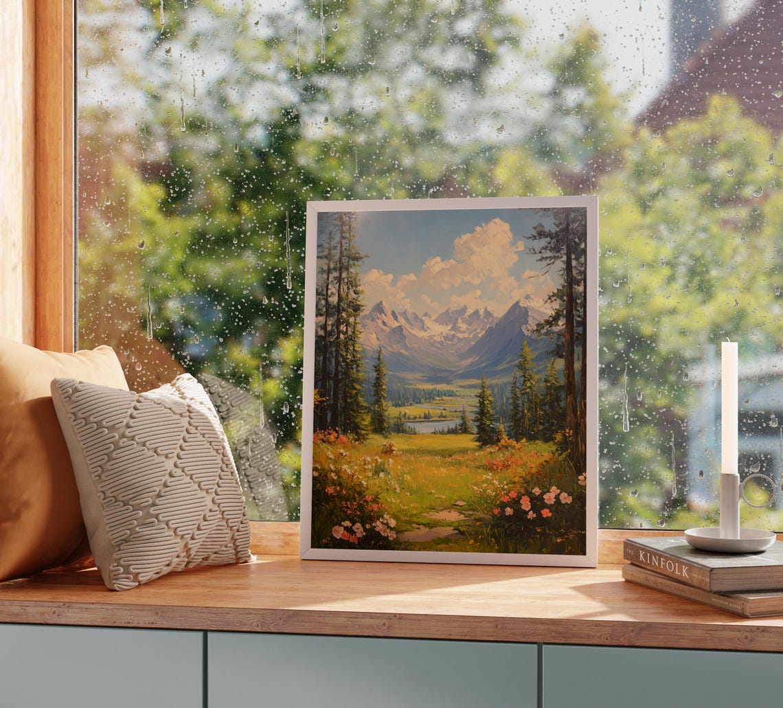 Tranquil Valley Wildflowers With Pines Lake And Mountain Peaks Poster - Image 5