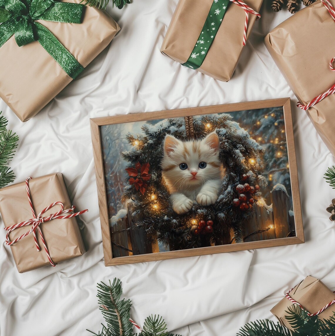 White Kitten Nestled in a Lit Christmas Wreath on Wooden Fence Poster - Image 2