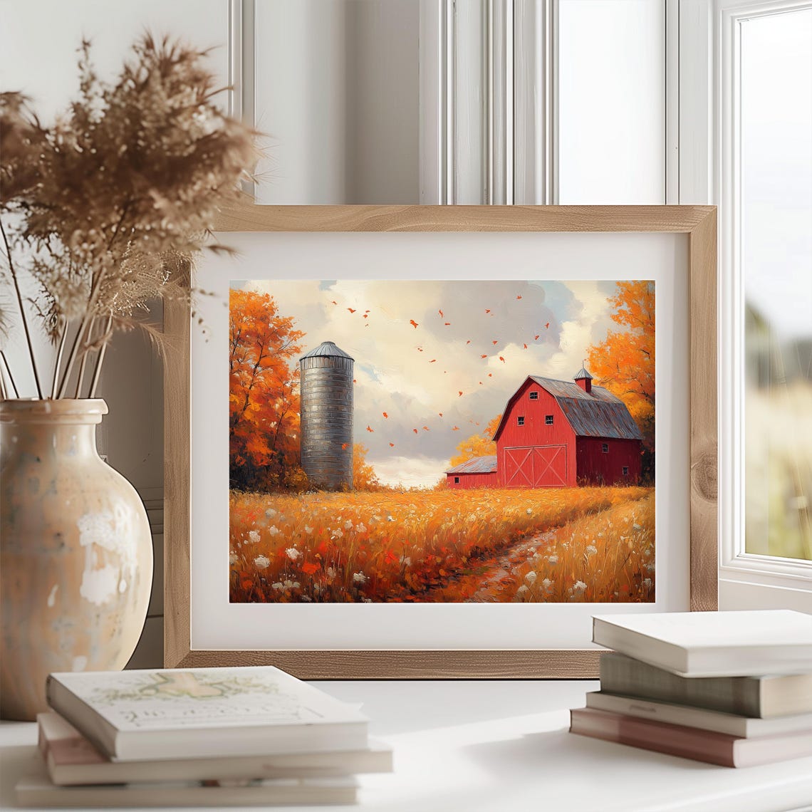 Red Barn and Silo in Golden Field with Falling Autumn Leaves Poster - Image 2