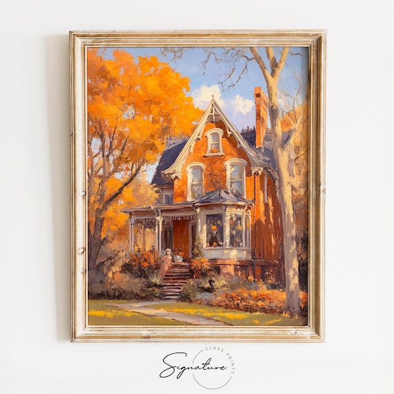 Victorian Brick House With a Grand Porch Framed by Orange Maples Poster