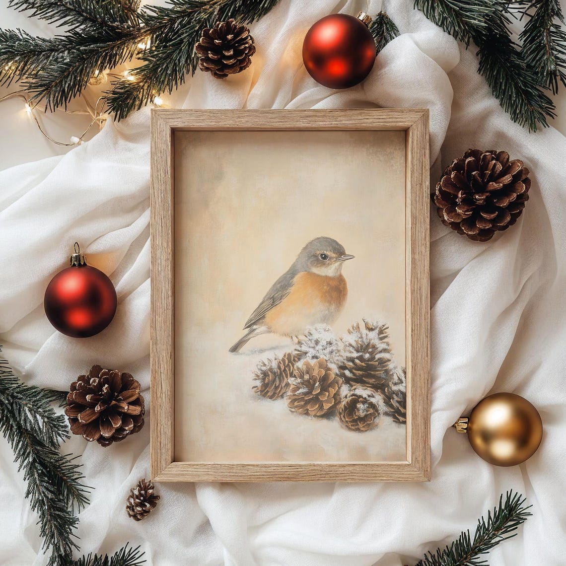 Robin Beside Snow Dust Pinecones Winter Bird Christmas Art Print - Image 4