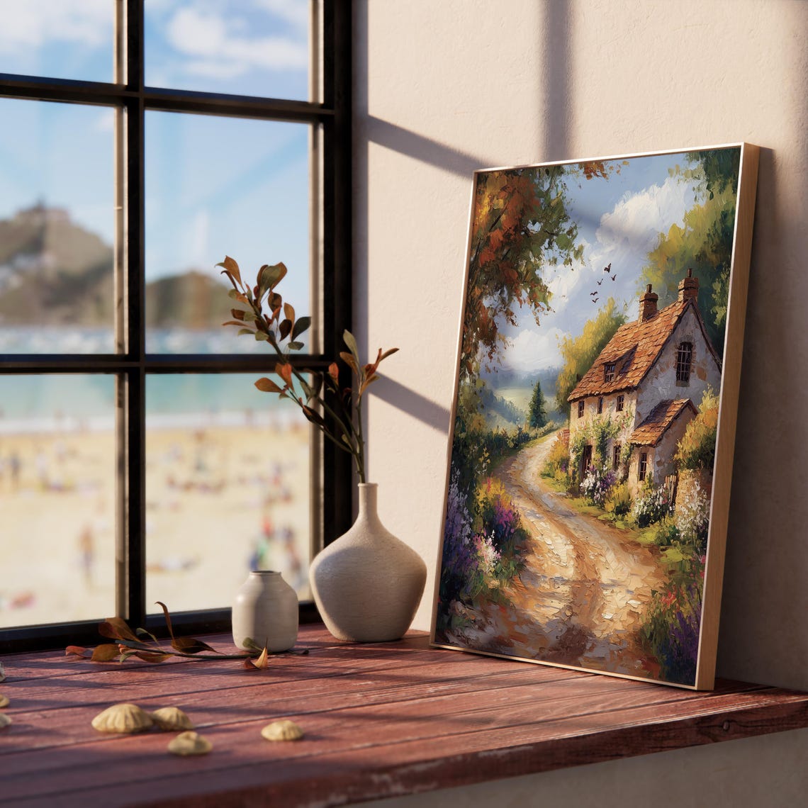 Country Lane to Stone Cottage Wildflowers Birds Summer Print - Image 3