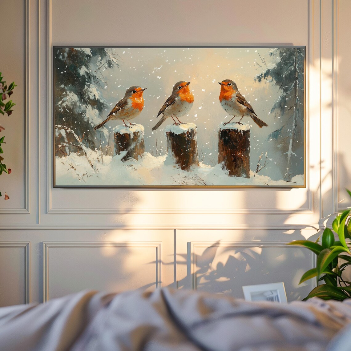 Three Robins On Snowy Posts In Falling Snow Winter Bird Painting Poster - Image 4