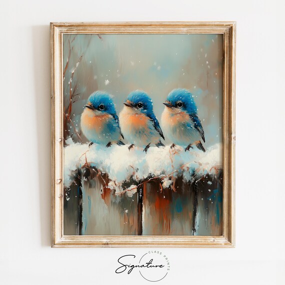 Three Baby Bluebirds On Snowy Fence Adorable Winter Bird Art Poster