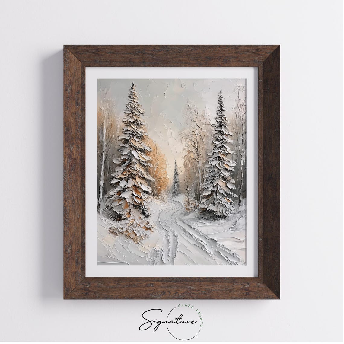 Thick Impasto Snowy Spruce Forest Path Textured Winter Poster - Image 3