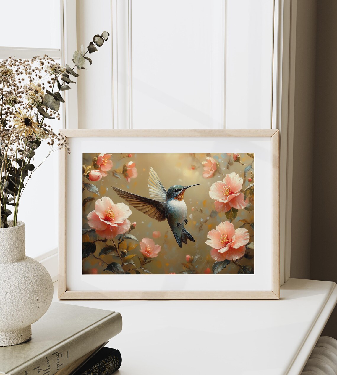 Hummingbird Amid Rosy Pink Camellia Flowers Golden Ethereal Wall Art - Image 6