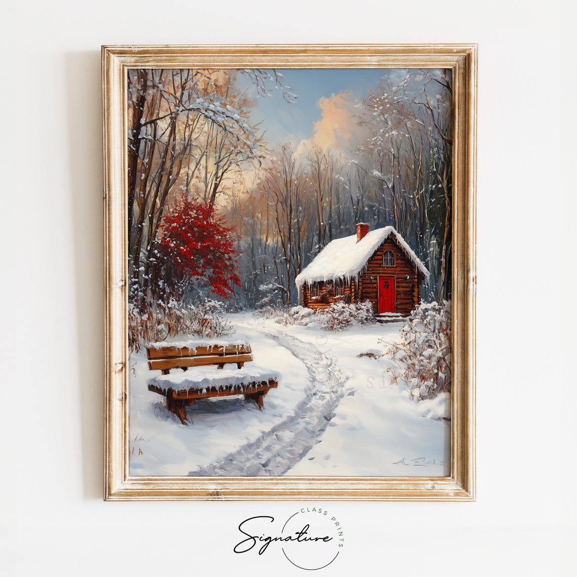 Red Log Cabin in Snowy Woods with Wooden Bench Winter Scene Poster