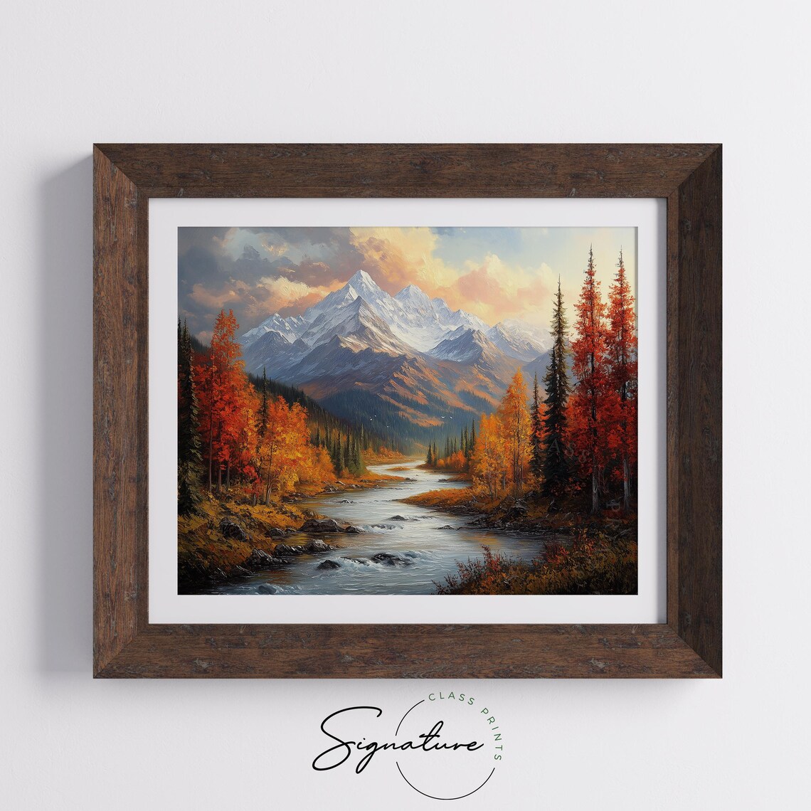 Autumn Mountain River Valley Snow Peaks Oil Painting Landscape Poster - Image 5