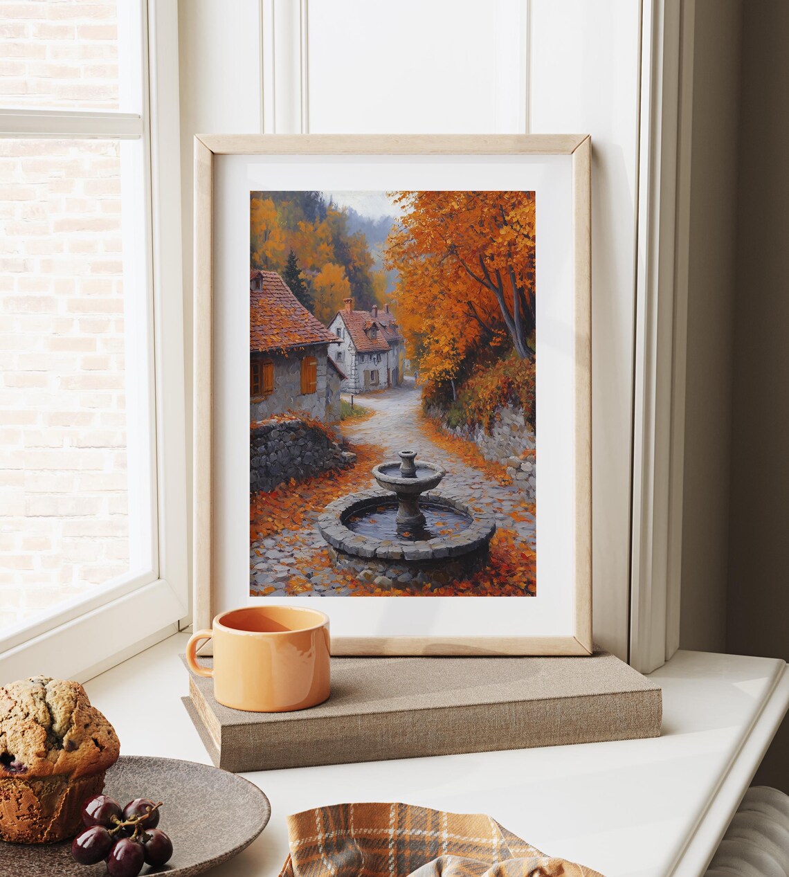 Autumn Village Fountain Old Town Cobblestone Street Orange Trees Poster - Image 6