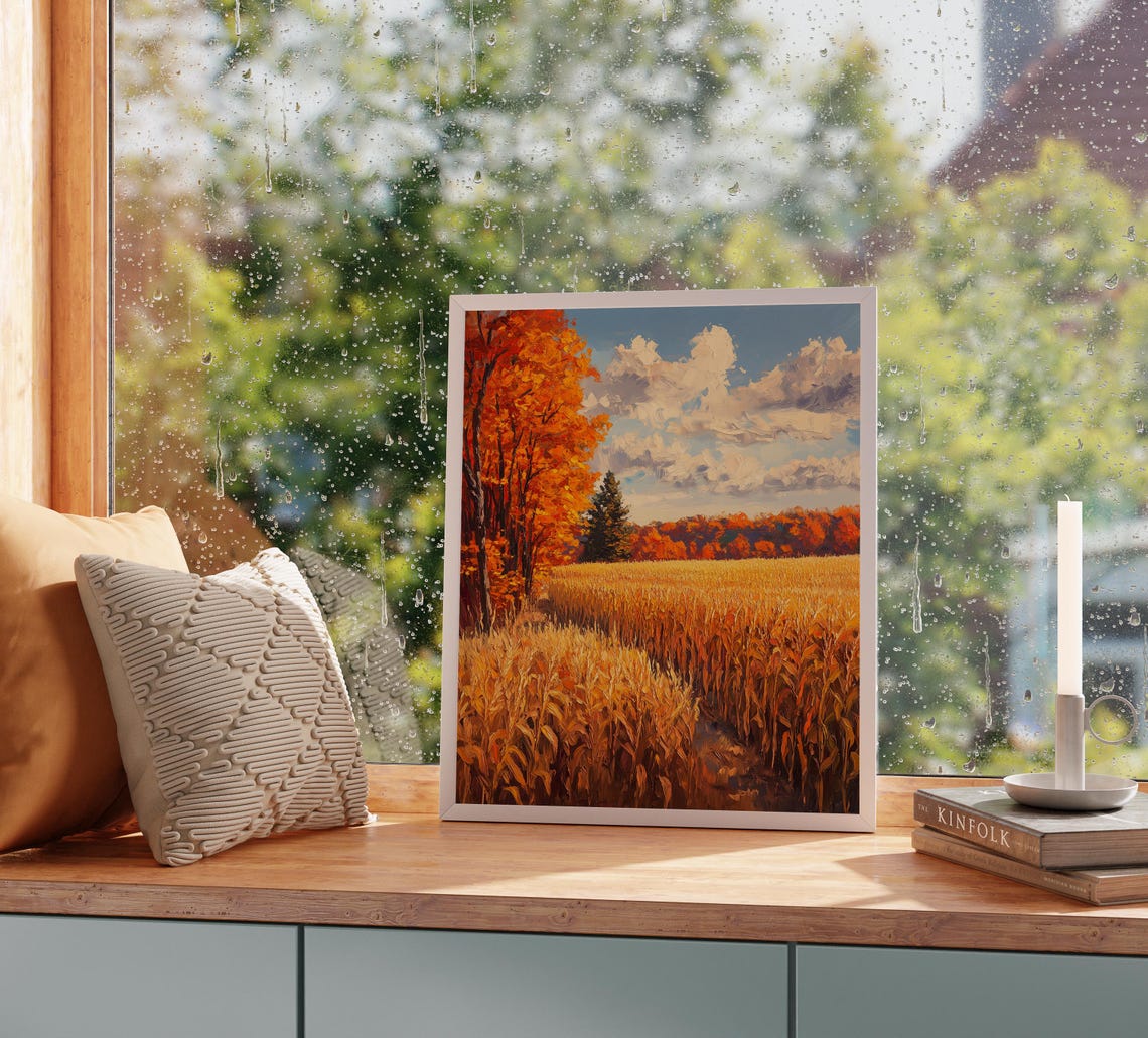 Golden Cornfield Path Bordered By Blazing Red Autumn Trees Poster - Image 2