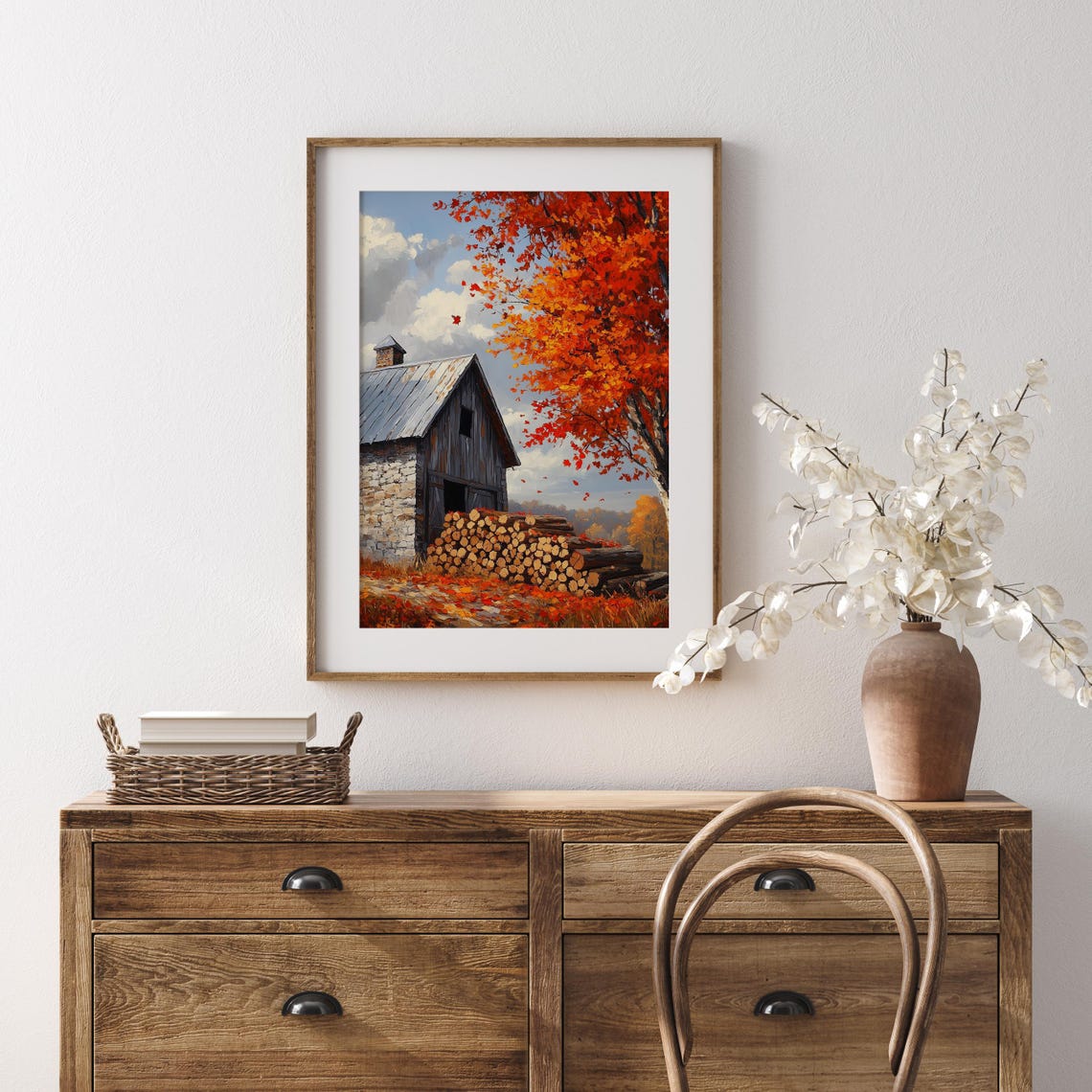 Stone Barn With Stacked Firewood Under Blazing Red Autumn Tree Poster - Image 5