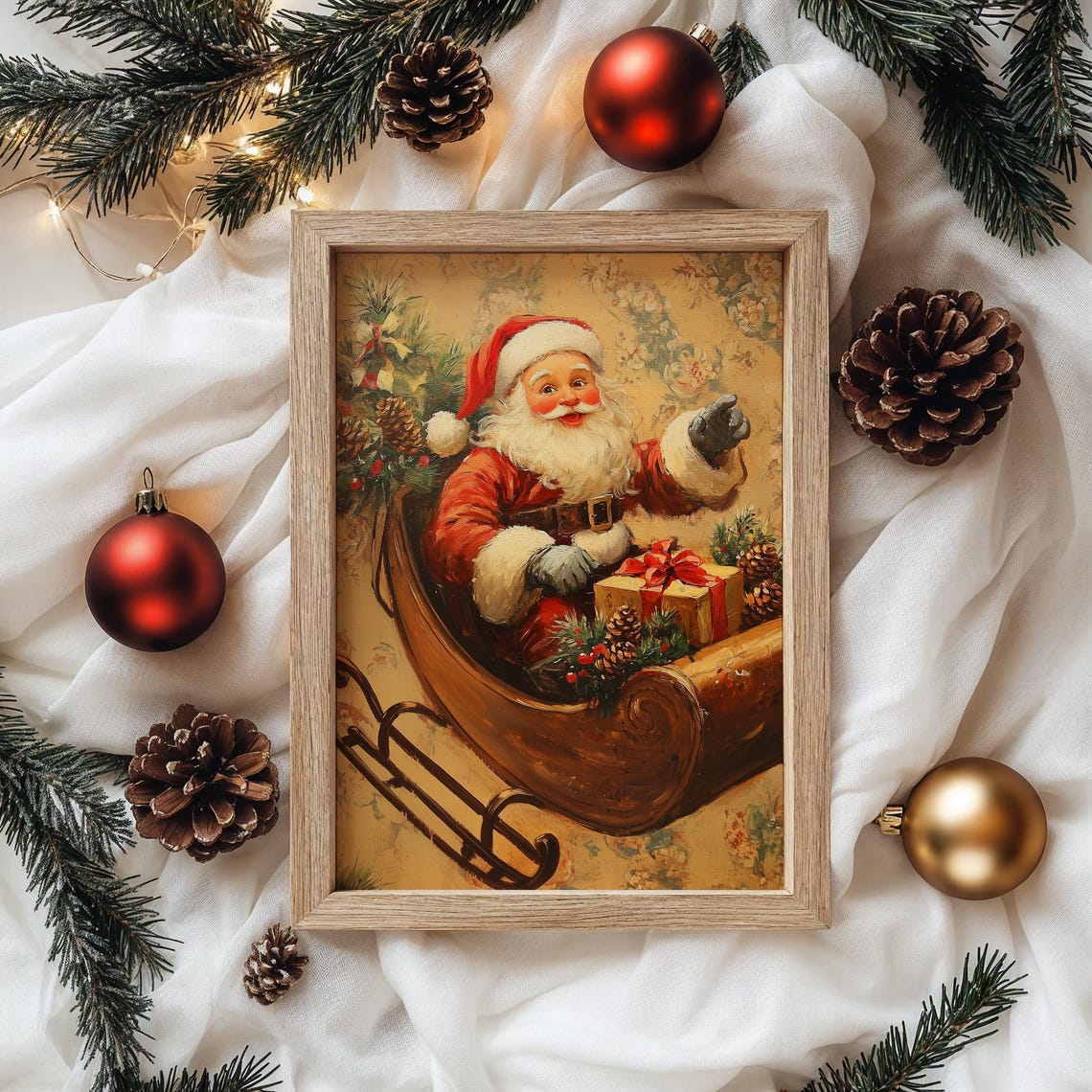 Santa Claus Riding Wooden Sleigh with Gift Vintage Christmas Print - Image 4
