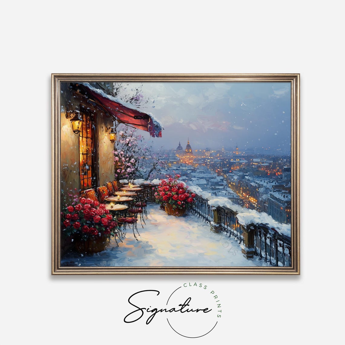 Rooftop Cafe In Winter Snowy Terrace Roses City Lights Wall Art - Image 2