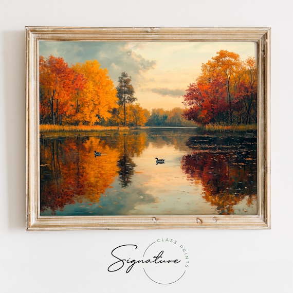 Ducks On Autumn Lake Still Water Fall Reflection Vintage Lake Poster