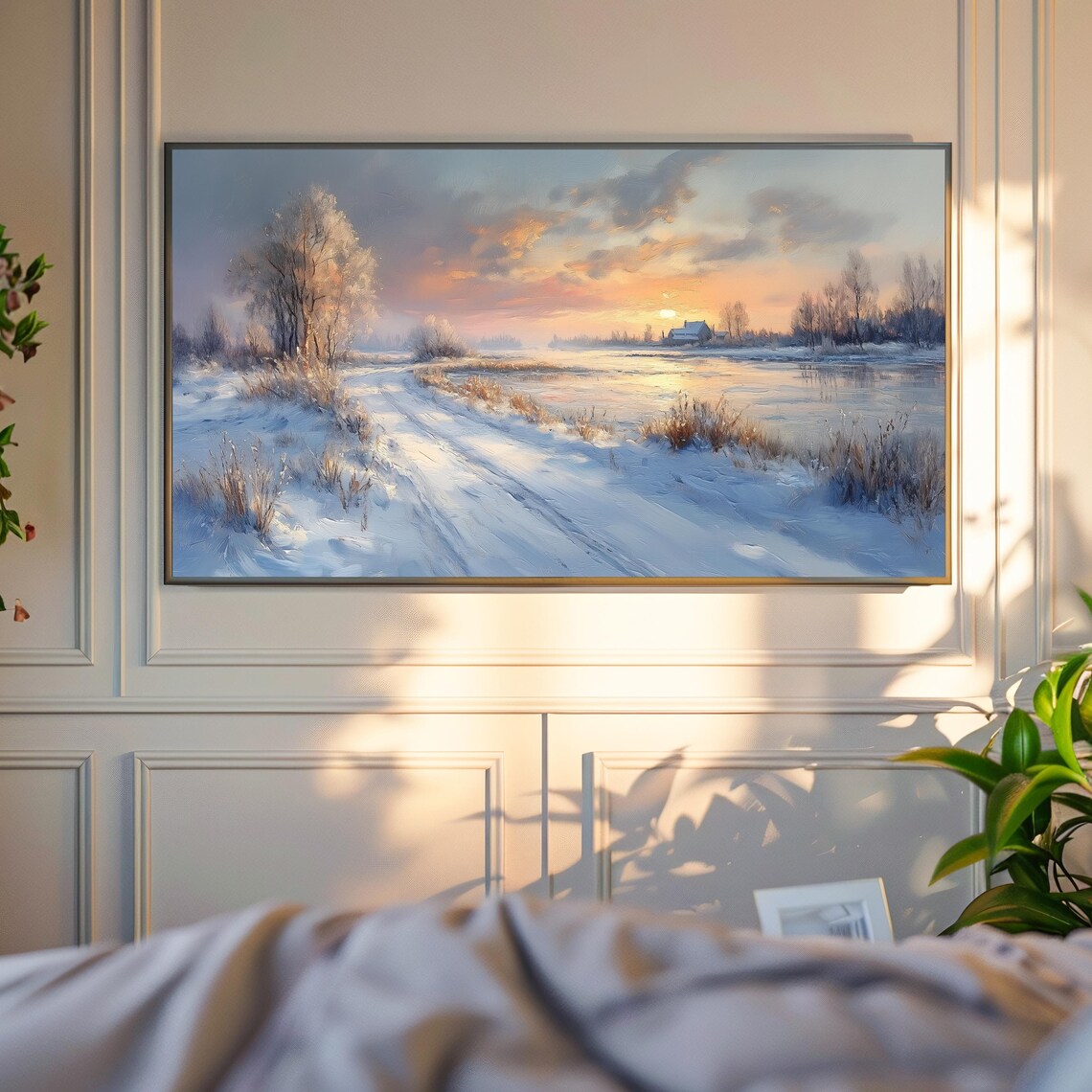 Frosty Winter Meadow Sunrise Snowy Path Frozen Lake Pink Sky Scene Poster - Image 4