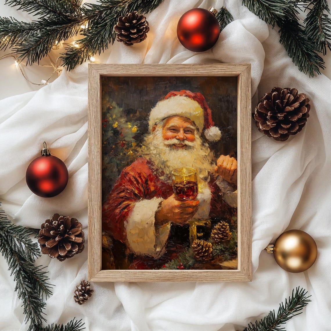 Smiling Santa Claus Holding Hot Drink Christmas Oil Painting Print - Image 4