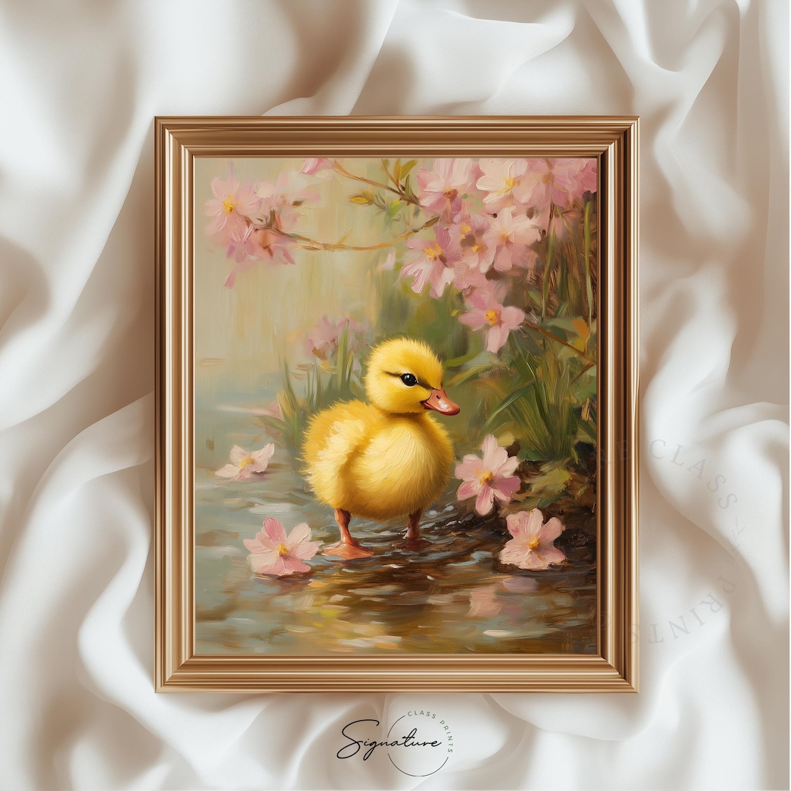 Baby Duckling in Water Pink Blossom Petals Spring Wildlife Art Print