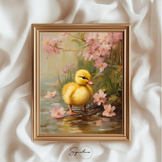 Baby Duckling in Water Pink Blossom Petals Spring Wildlife Art Print