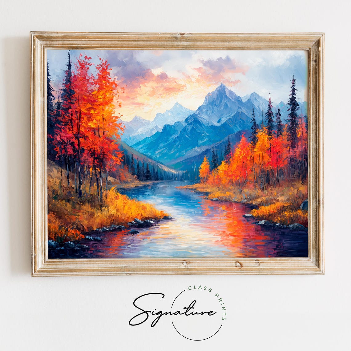Sunset Mountain Lake Autumn Trees Oil Painting Reflection Poster