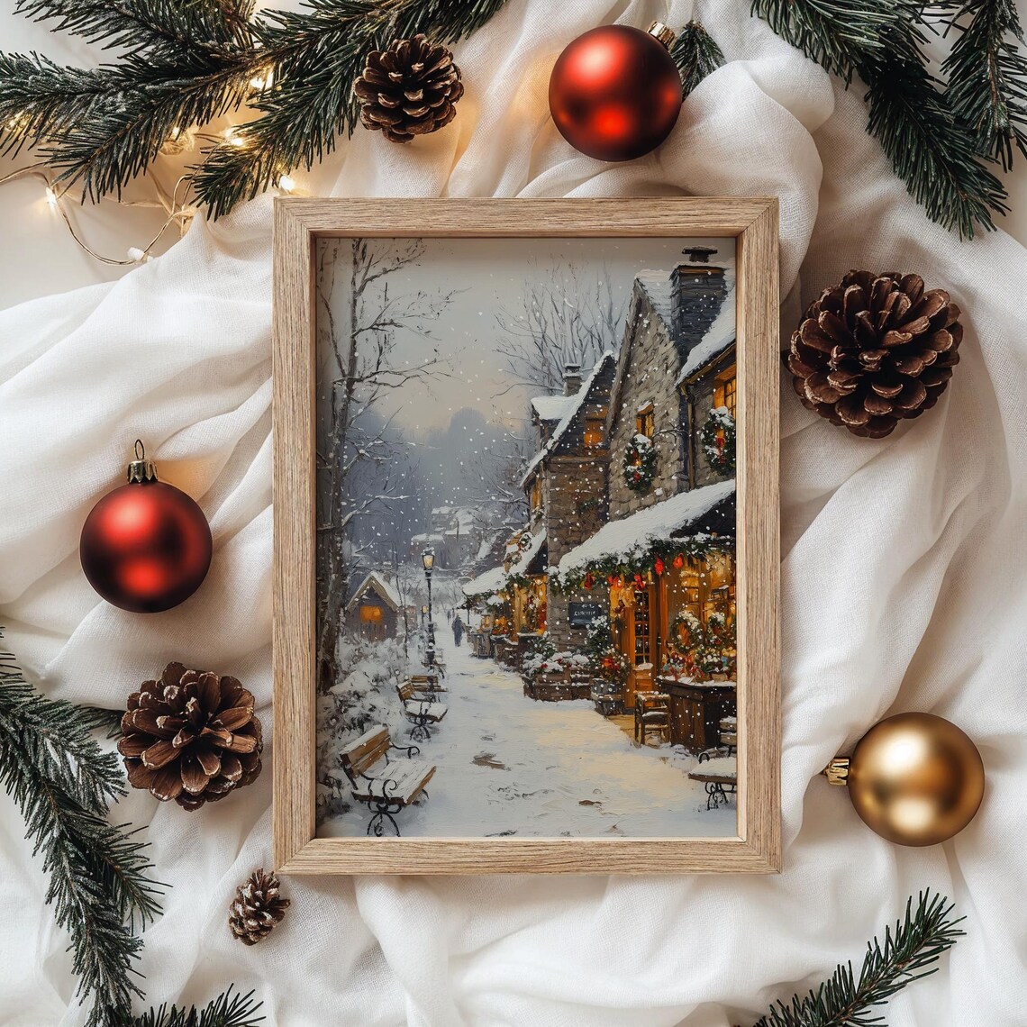 Snowy Stone Village Christmas Shops with Glowing Wreaths Poster - Image 4