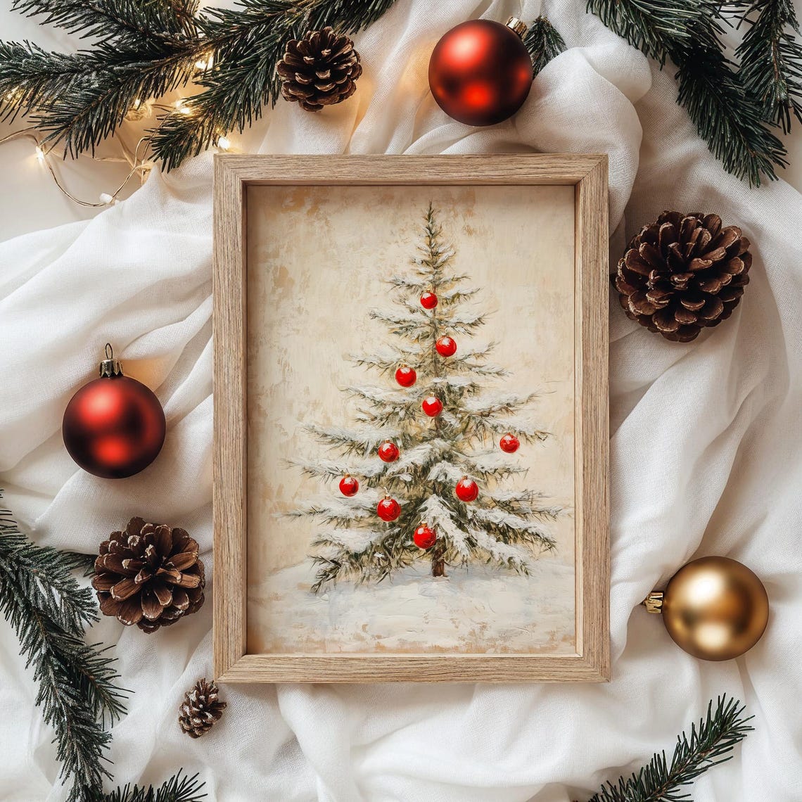 Minimalist Snowy Christmas Tree with Red Baubles Holiday Poster - Image 4