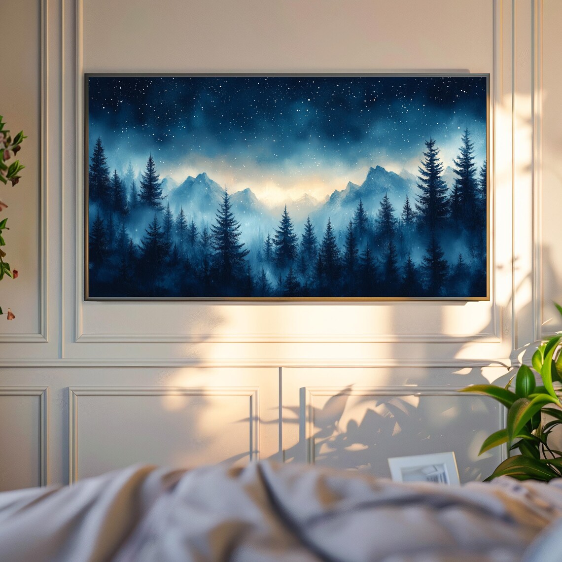 Dense Snowy Forest Starry Night Sky Mountains Moonlit Mist Winter Poster - Image 4
