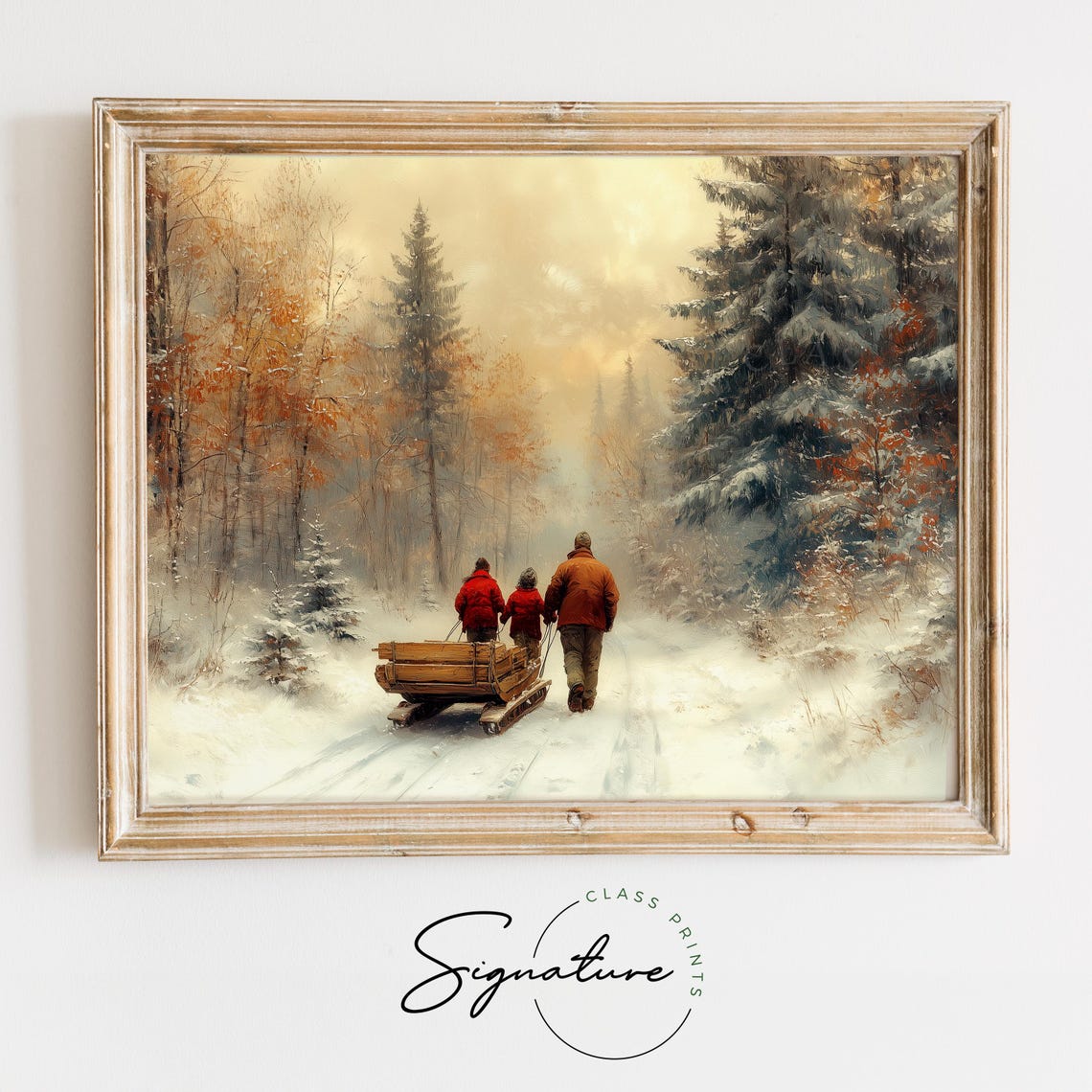 Family With Wooden Sled Walking Through Snowy Forest Winter Poster