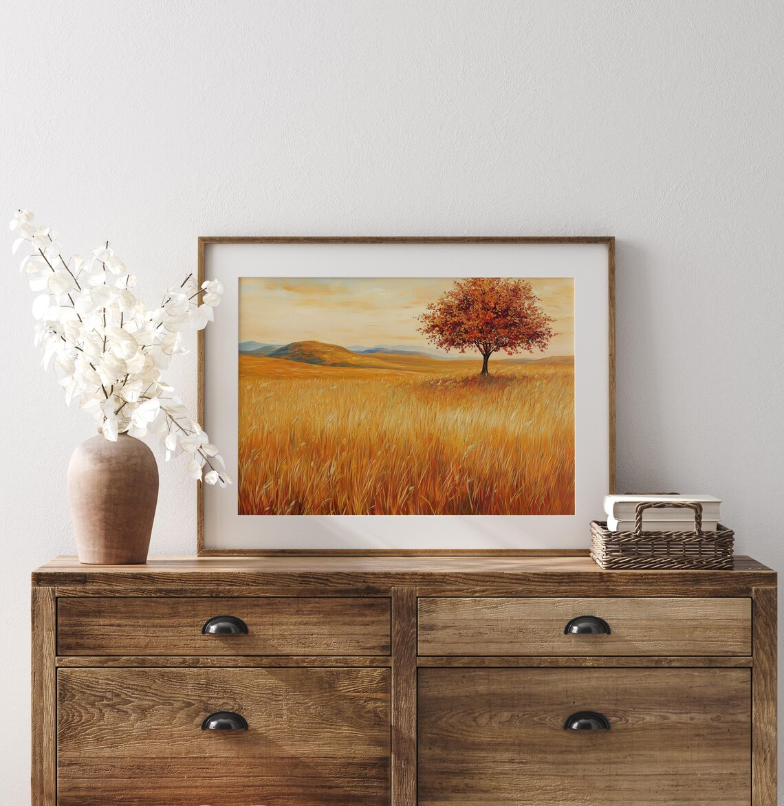 Lone Autumn Tree Standing In Golden Wheat Field Hills Poster - Image 3