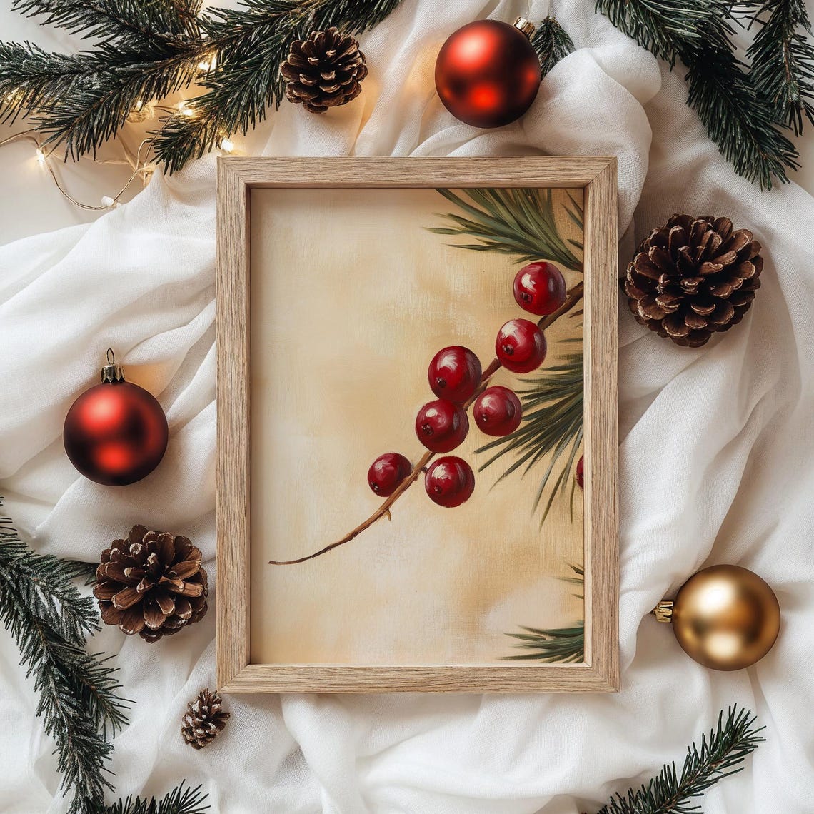 Red Winterberries On Branch With Evergreen Pine Needles Poster - Image 4