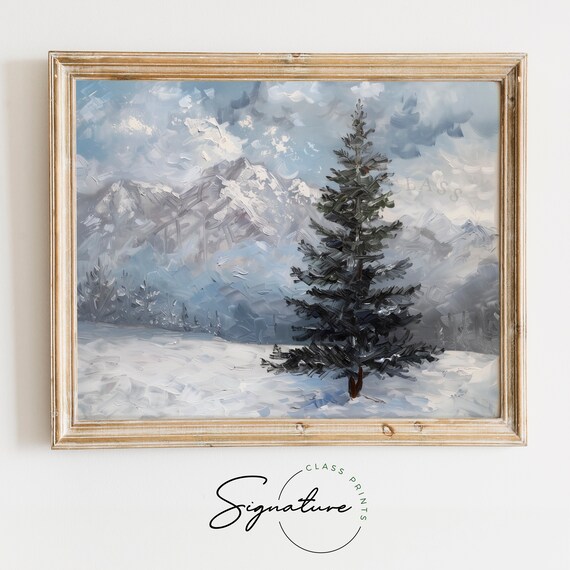 Dark Evergreen Spruce Beneath Stormy Winter Sky Snowy Field Poster