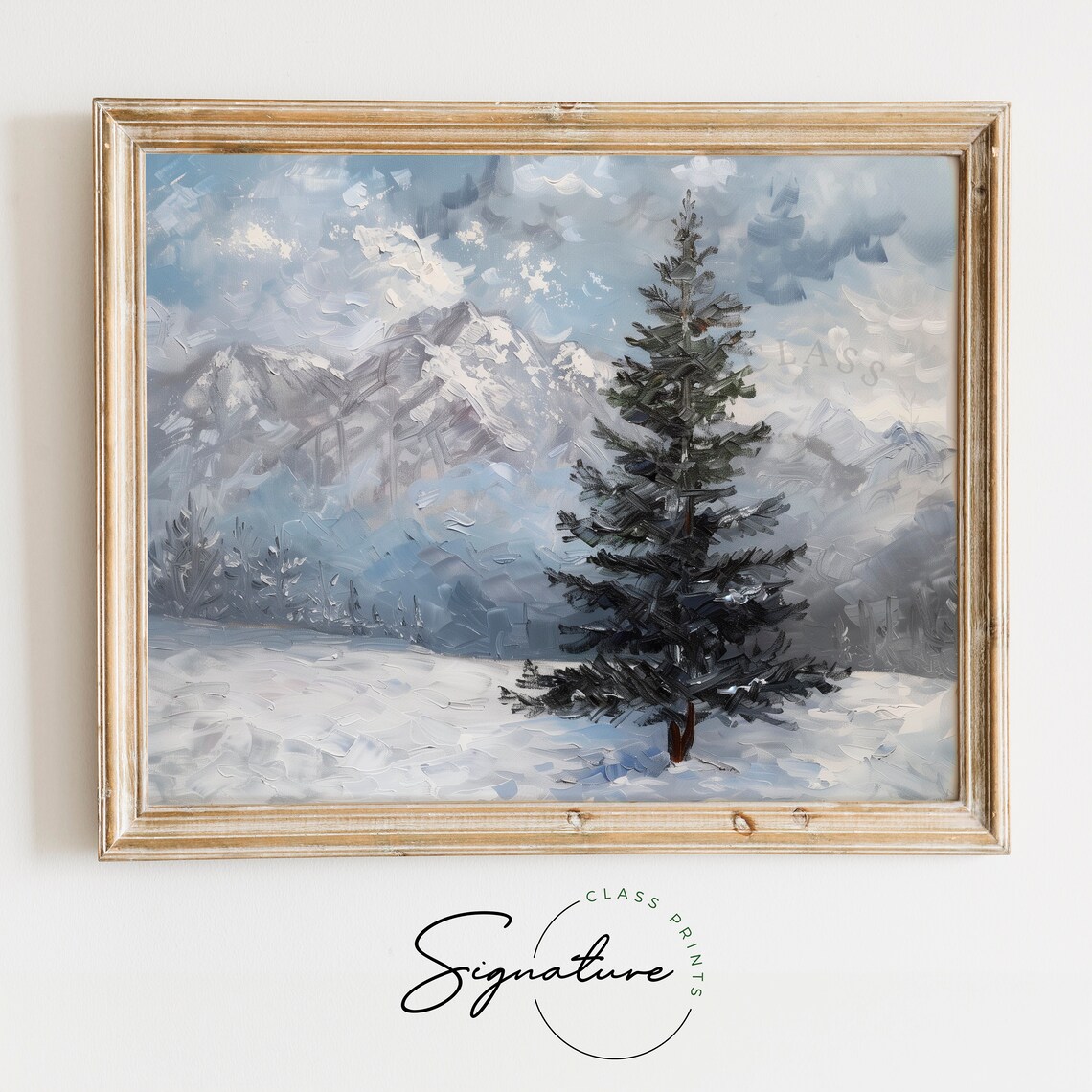 Dark Evergreen Spruce Beneath Stormy Winter Sky Snowy Field Poster