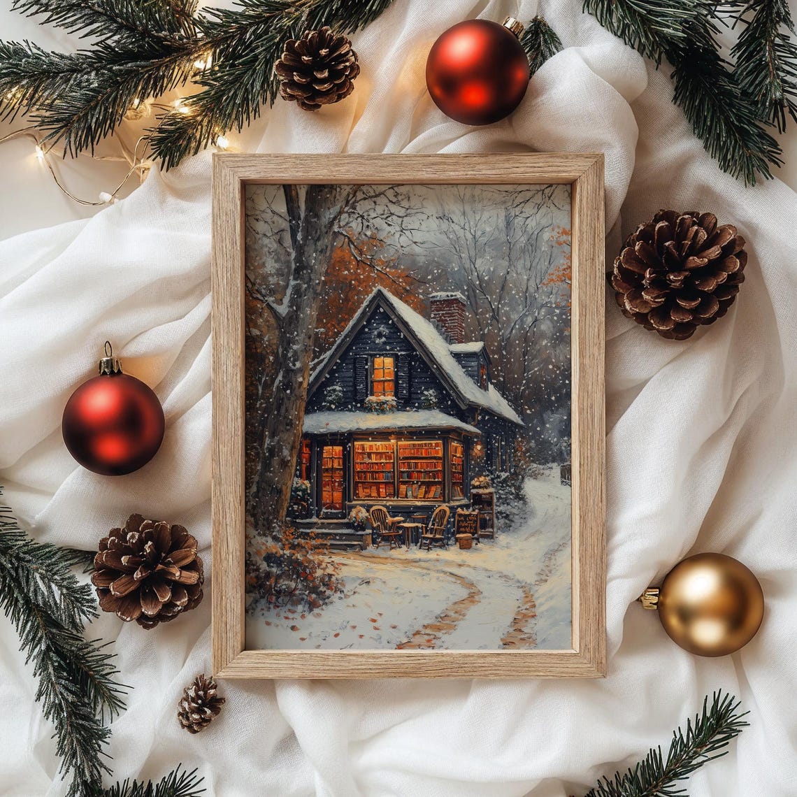 Cozy Bookstore in the Snow at Night with Glowing Windows Poster - Image 4