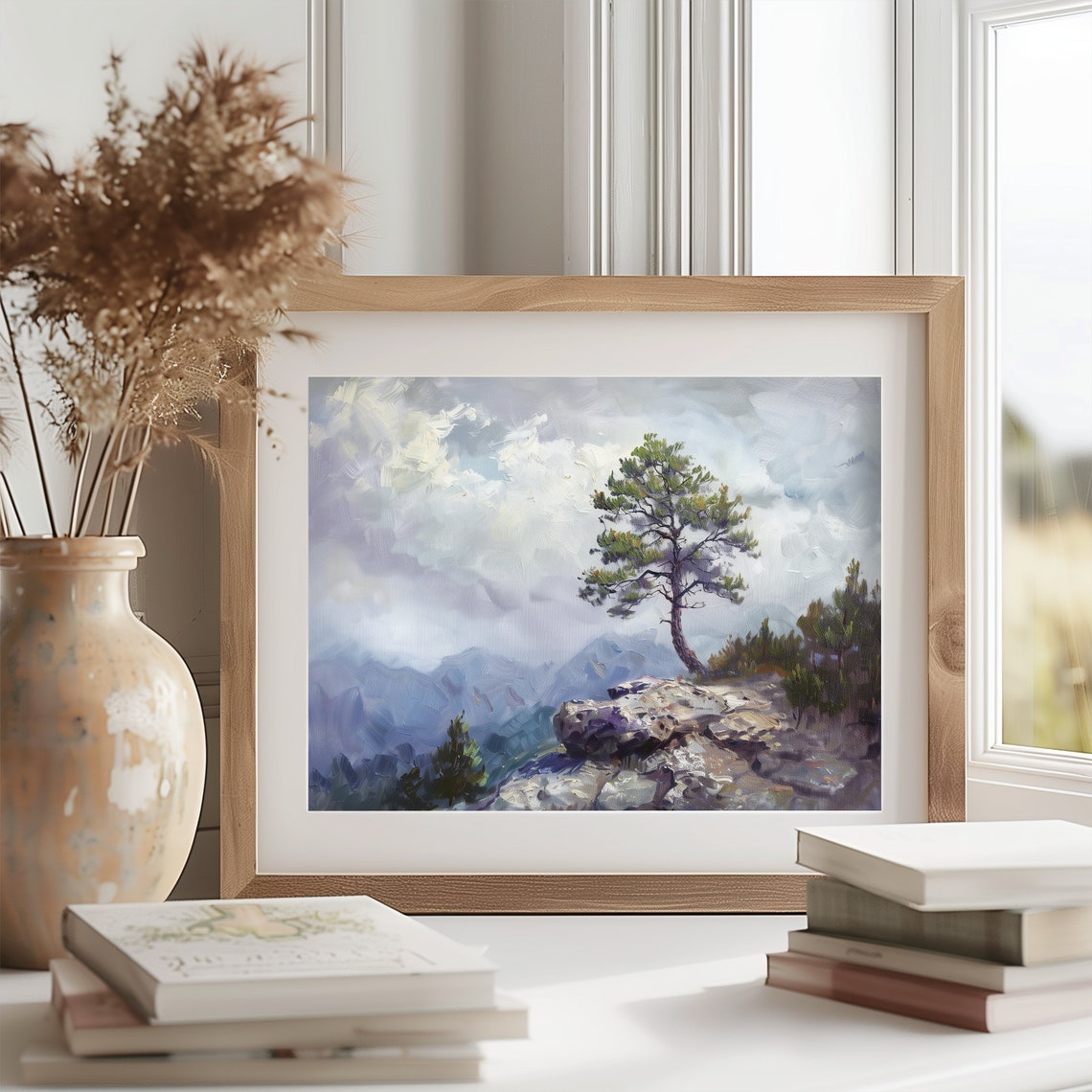 Lone Pine Tree On Rocky Ridge Above Misty Blue Mountains Poster - Image 2