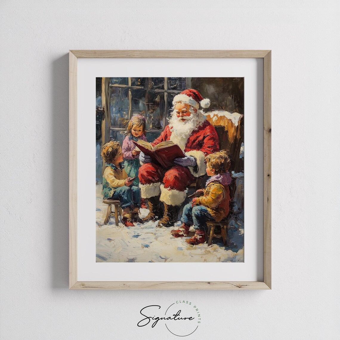Santa Claus Reading Stories to Children in the Snow at Night Poster - Image 3