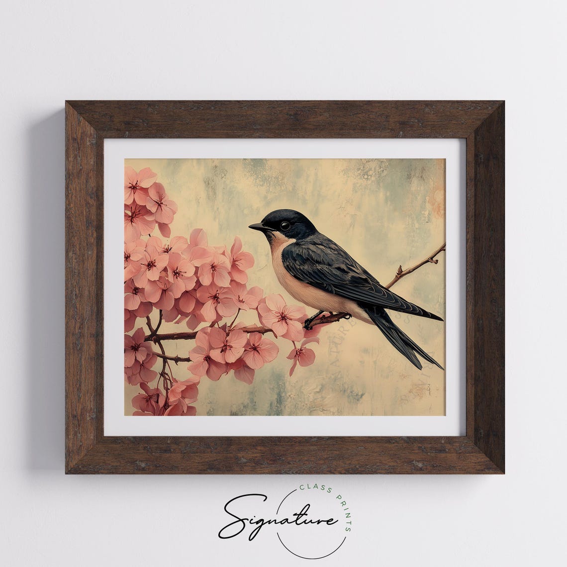 Barn Swallow Perched On Pink Cherry Blossom Branch Vintage Poster - Image 3