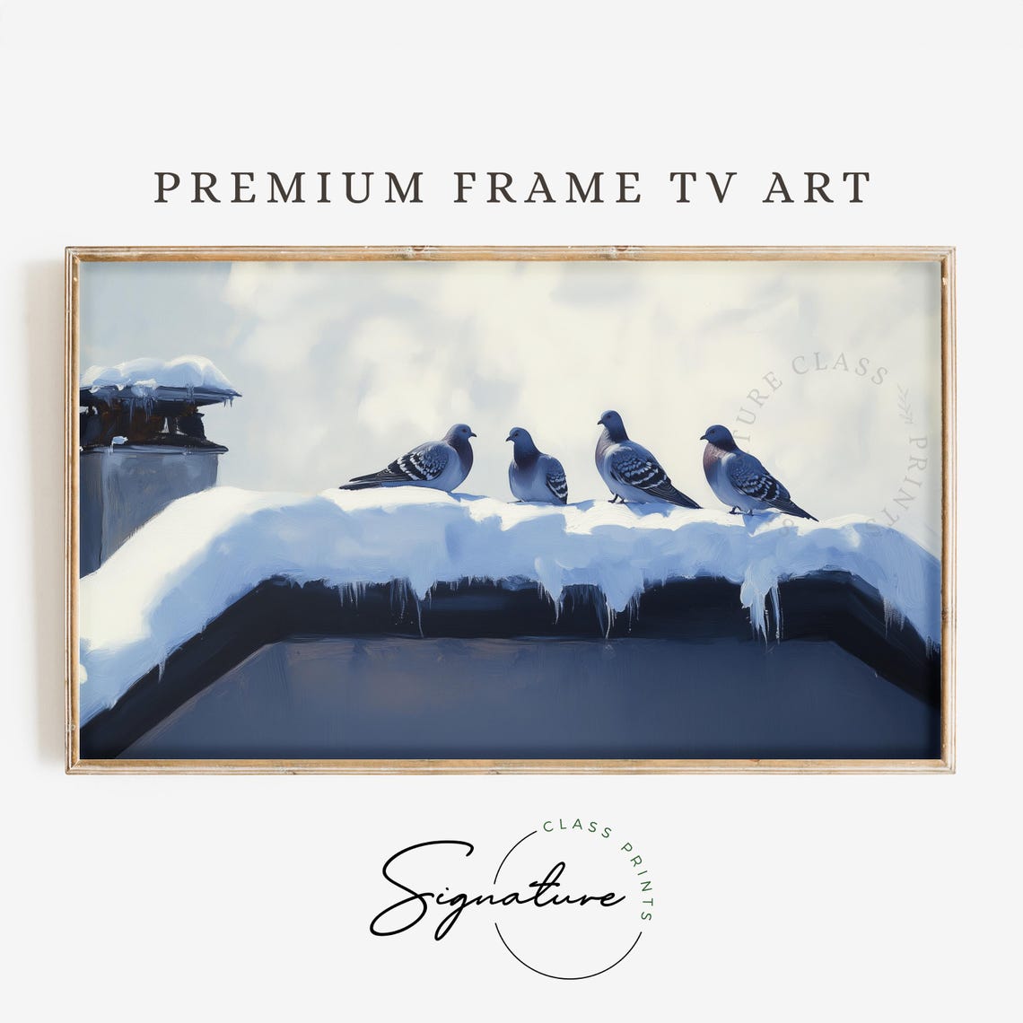 Pigeons on Snowy Rooftop with Icicles Winter Bird Scene Poster