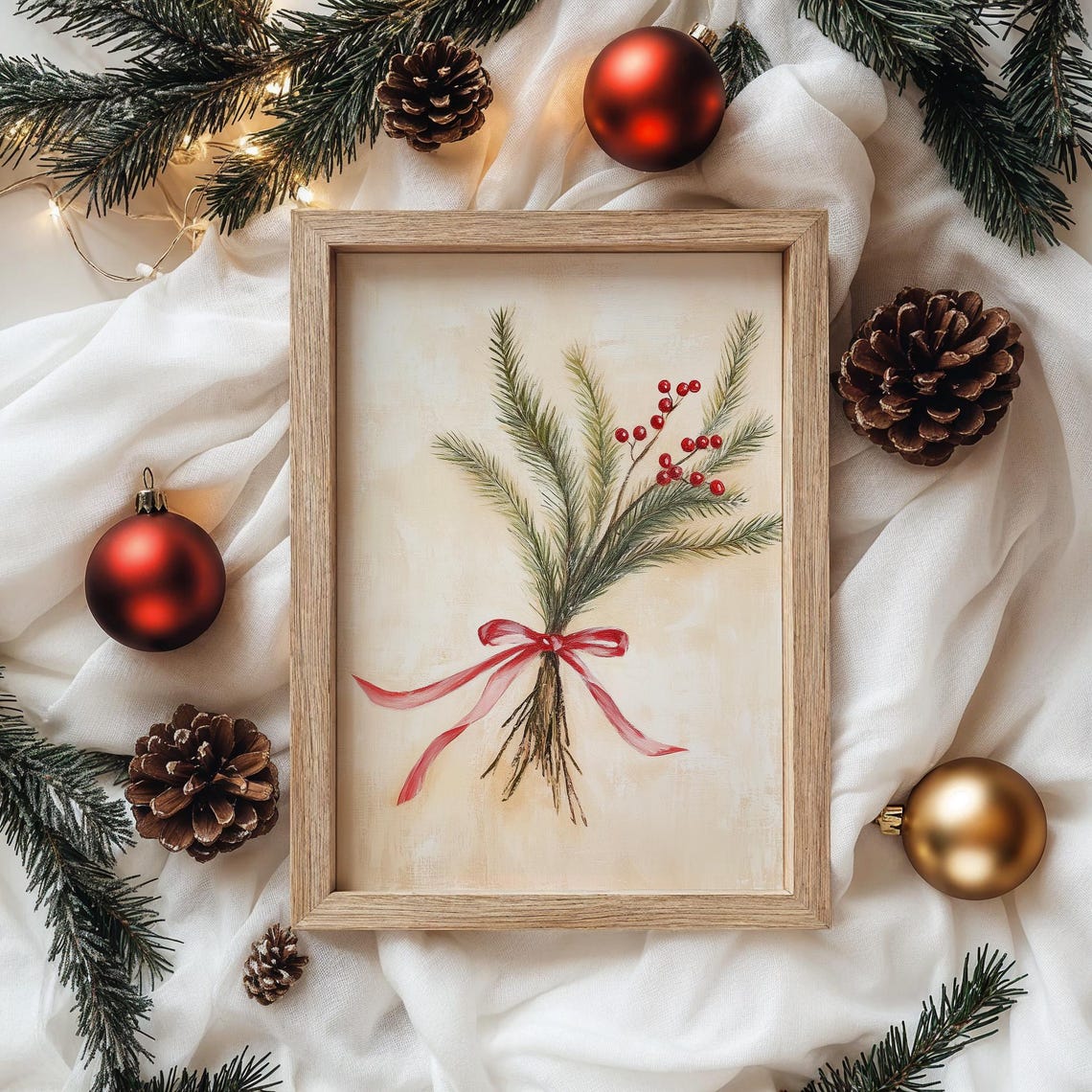 Pine Sprigs and Red Berries Hand Tied Bouquet with Red Ribbon Poster - Image 4