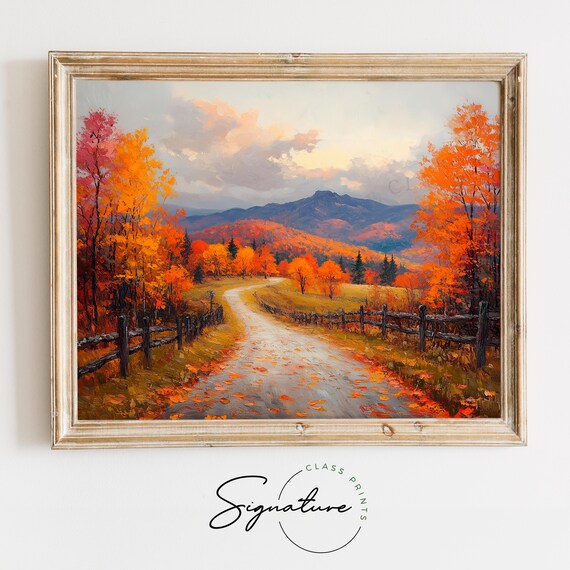 Wooden Fence Country Road Autumn Forest Mountain View Landscape Print